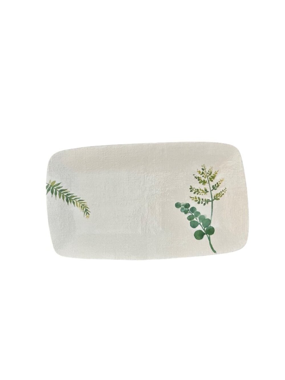 Pier1 Green Leaf Rectangular Ceramic Platter 16" Botanical White‎ Textured Fern